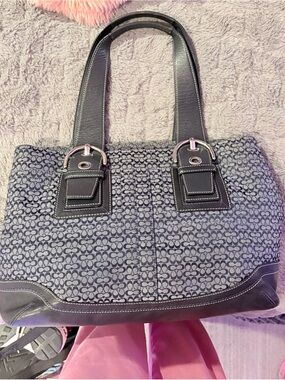 Coach Navy Monogram Shoulder Tote with Black Trim